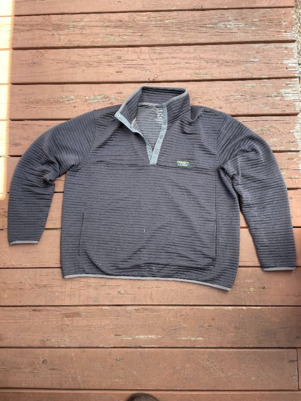 LL Bean Mens Grey Quilted Snap Neck Pullover Ribbed Fleece Sweater - Size XXL